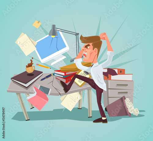 Angry office worker character crash workplace. Vector flat cartoon illustration