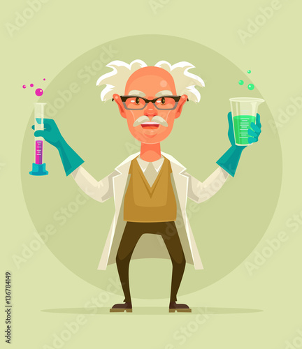 Old crazy scientist character hold test tube. Vector flat cartoon illustration