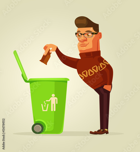Good man character throw garbage in trash bin. Vector flat cartoon illustration