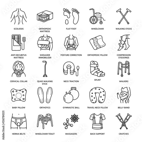 Orthopedic, trauma rehabilitation line icons. Crutches, orthopedics mattress pillow, cervical collar, walkers and other medical rehab goods. Health care thin linear signs for clinic and hospital.