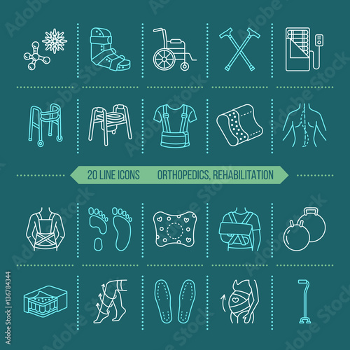 Orthopedic, trauma rehabilitation line icons. Crutches, orthopedics mattress pillow, cervical collar, walkers and other medical rehab goods. Health care thin linear signs for clinic and hospital.