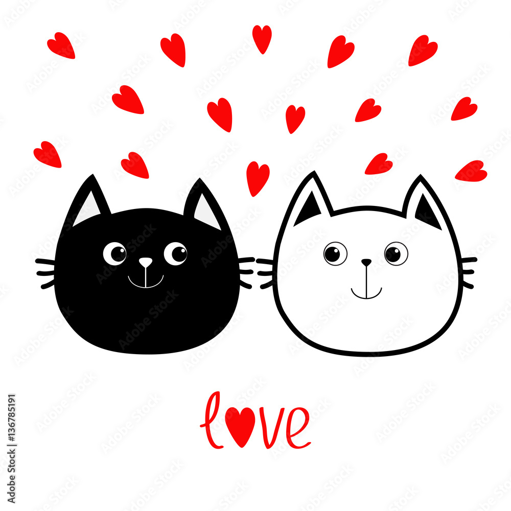 Two black cat head couple family icon red heart Vector Image