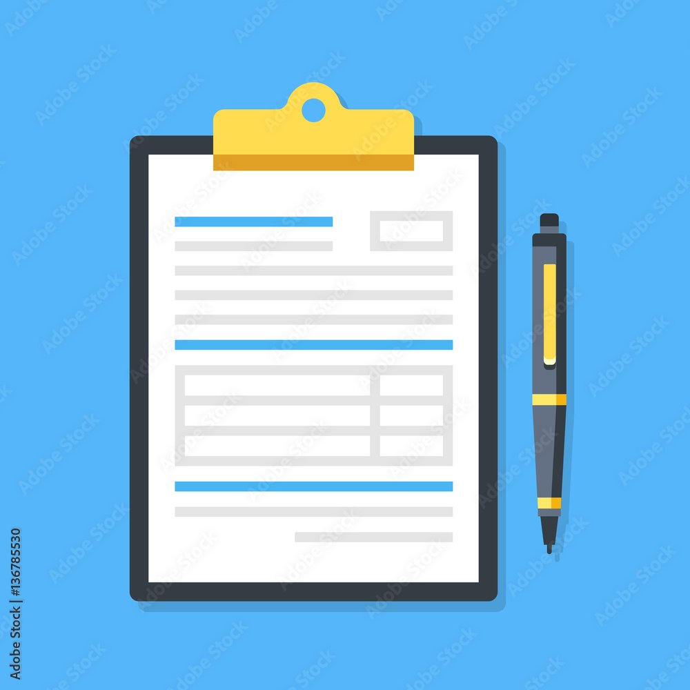Clipboard with document and pen. Filling insurance claim form, paperwork, income tax form, write a report, business concepts. Premium quality. Modern flat design graphic elements. Vector illustration