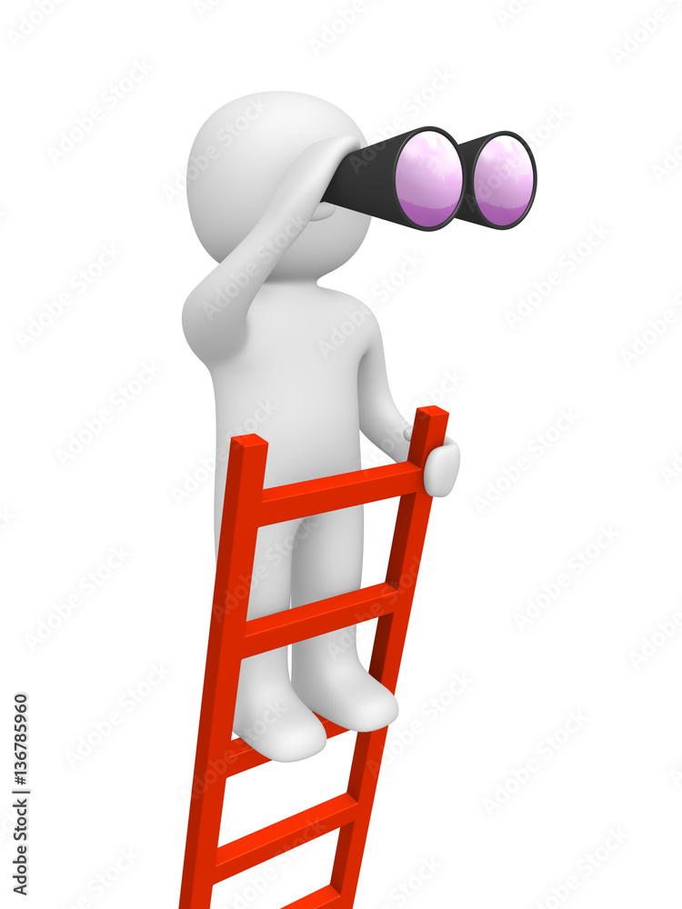 3d man standing on the top of ladder and looking through binoculars. 3d render. 3d man standing on the top of ladder and looking through binoculars. 3d render.