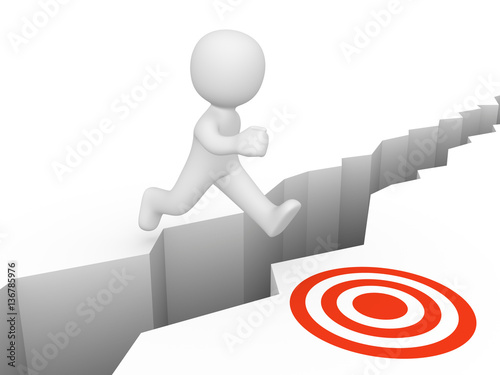 3d man running over chasm on the way to target. 3d render.
