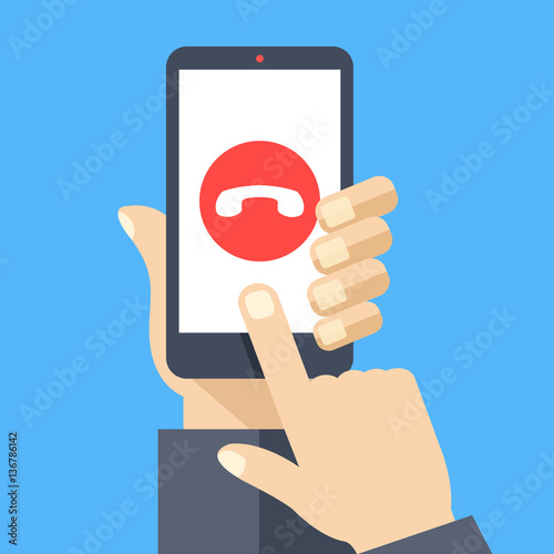 Decline phone call button on smartphone screen. Hand holding smartphone, finger touching screen. Reject call. Modern concept for web banners, web sites, infographics. Flat design vector illustration