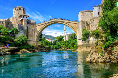 Old Bridge and Mosque in the Old Town of Mostar, Bosnia