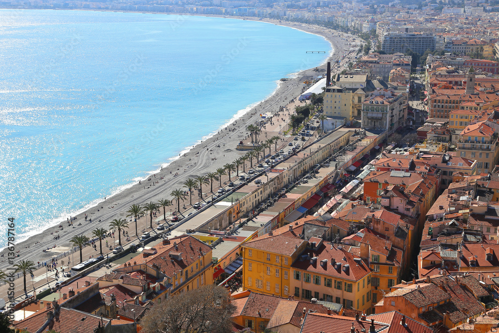 Panoramic view of spring Nice coastline and old town, French Riv
