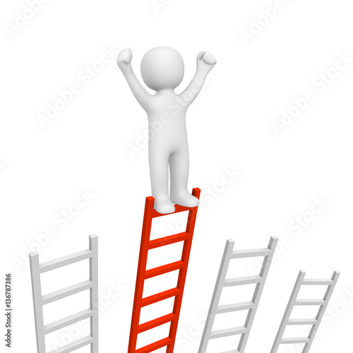 3d man standing on the top of longest ladder and holding hands up. 3d render.