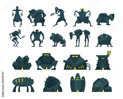 Game set. Monsters or virus, houses and characters. Extraterrestrial beings
