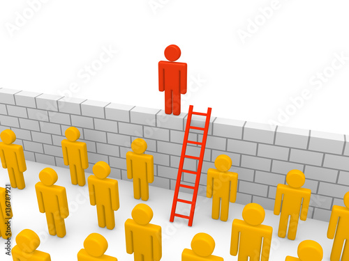 Crowd 3d people and wall with ladder. 3d render.