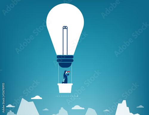 Businesswoman flying in the sky on hot air balloon. Looking over