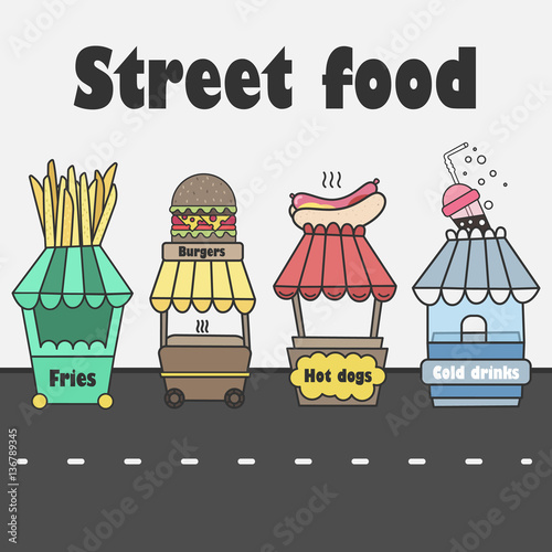 Vector stalls with street food. Fast food and cold soda. Hot dogs, hamburgers, fries, soda