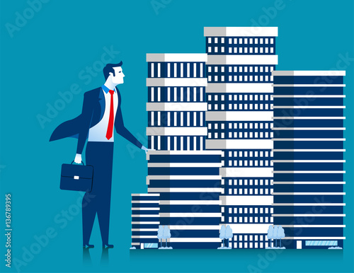 Business man owner of skyscraper buildings property standing. Co