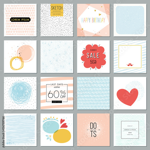 Universal square cards templates. Design for newsletter, sale and promotional banners, invitations, greeting cards, posters, brochures and flyers. Vector illustration.