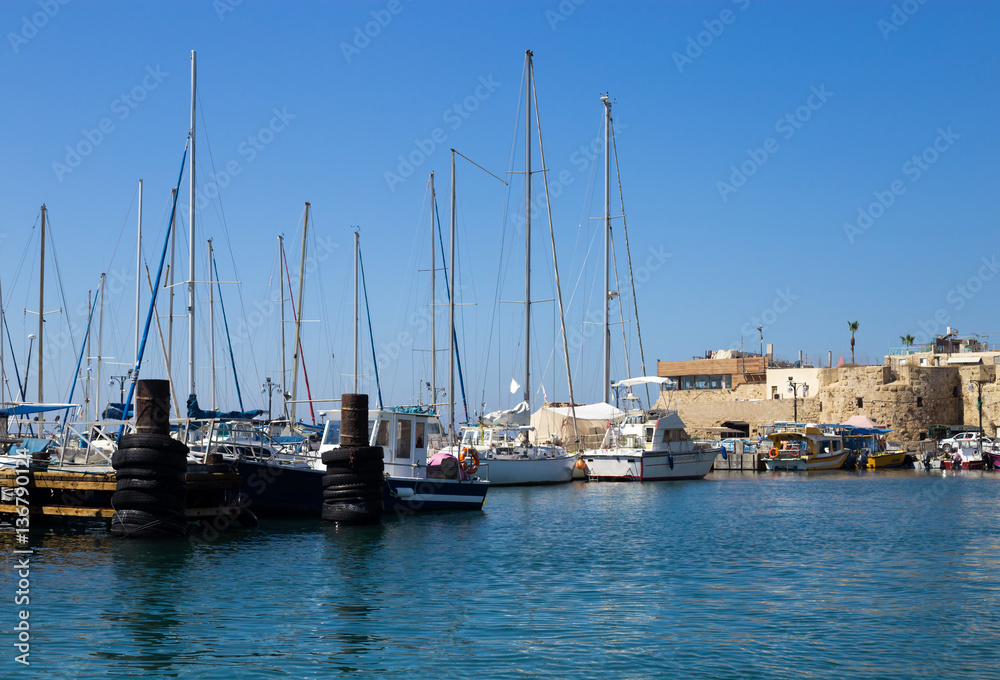 Sailboats Moored at the marina in Akko, Israel