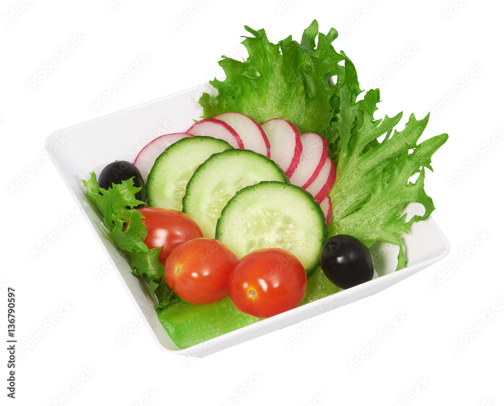 Salad of fresh vegetables In white cup on white background
