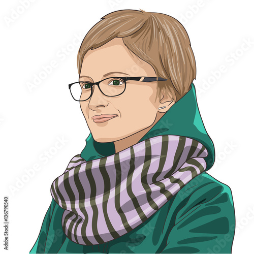 Hipster girl with glasses in the green coat and the scarf. Vector illustration