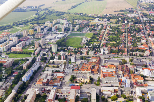 Aerial view of Topolcany, Slovakia, Slovak city Topolcany from plane