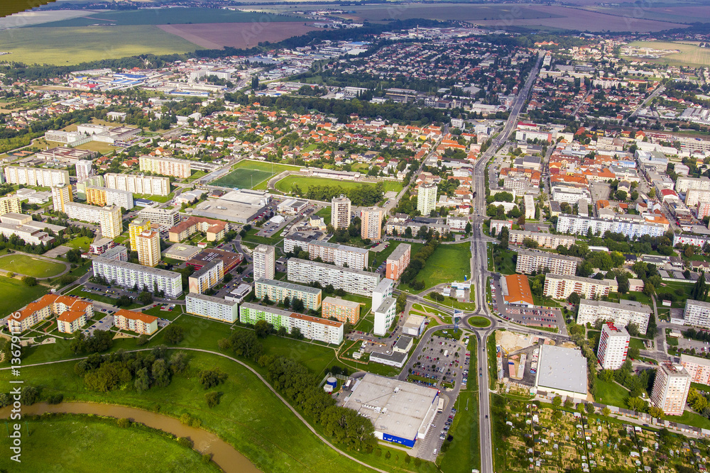 Aerial view of Topolcany, Slovakia, Slovak city Topolcany from plane