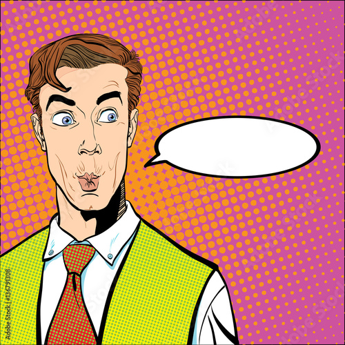 Portrait of surprised man. Surprised businessman. Surprised man. Concept idea of advertisement and promo. Pop art retro style illustration. People in retro style. Halftone background. question what.