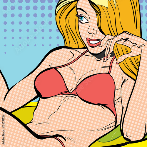 Sexy young lying blonde in a swimming suit. Beautiful young woman. Woman having pleasure. Woman in a dream. Woman in hope. Having pleasure. Concept idea of advertisement. Halftone background.