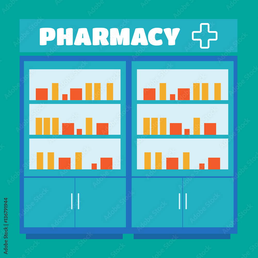 Male pharmacist in a pharmacy opposite the shelves vector. Pharm