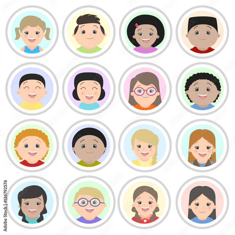 Avatars, children's portraits. Boys and girls of different nationalities, portraits. Cartoon vector Avatars, children's portraits. Boys and girls of different nationalities, portraits. Cartoon vector