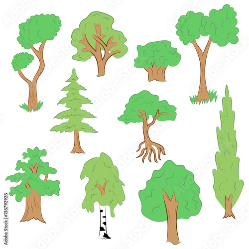 Hand Drawn Set of Trees. Doodle Drawings of Green Fir, Cypress, Birch, Oak in Flat Style Vector Illustration.