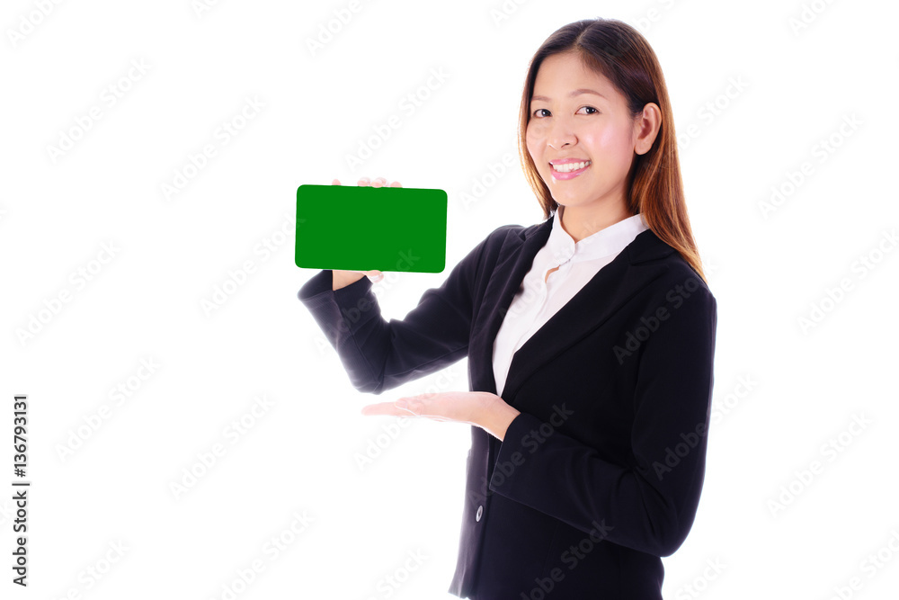 Happy asian business woman smiling and holding green banner on white background. Happy asian business woman smiling and holding green banner on white background.