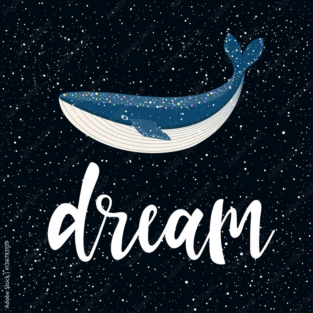 Obraz premium Handwritten lettering and cartoon whale on black.