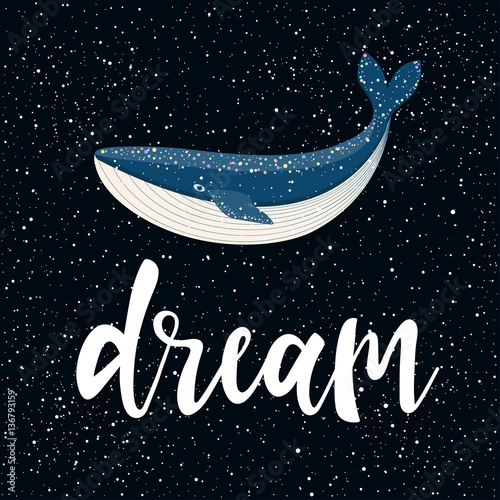 Handwritten lettering and cartoon whale on black.