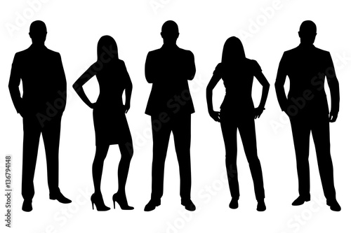 Business men and women vector silhouettes, standing people in fo
