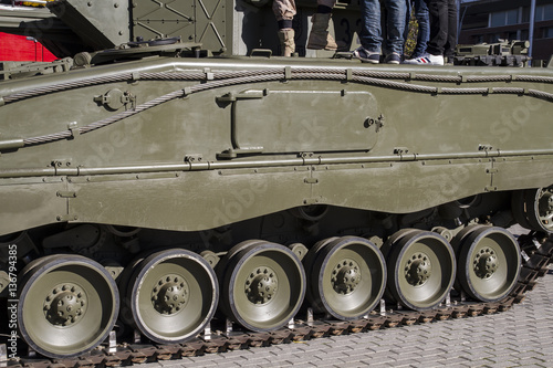 Protection, Military tank, detail of tracks or wheels of the off