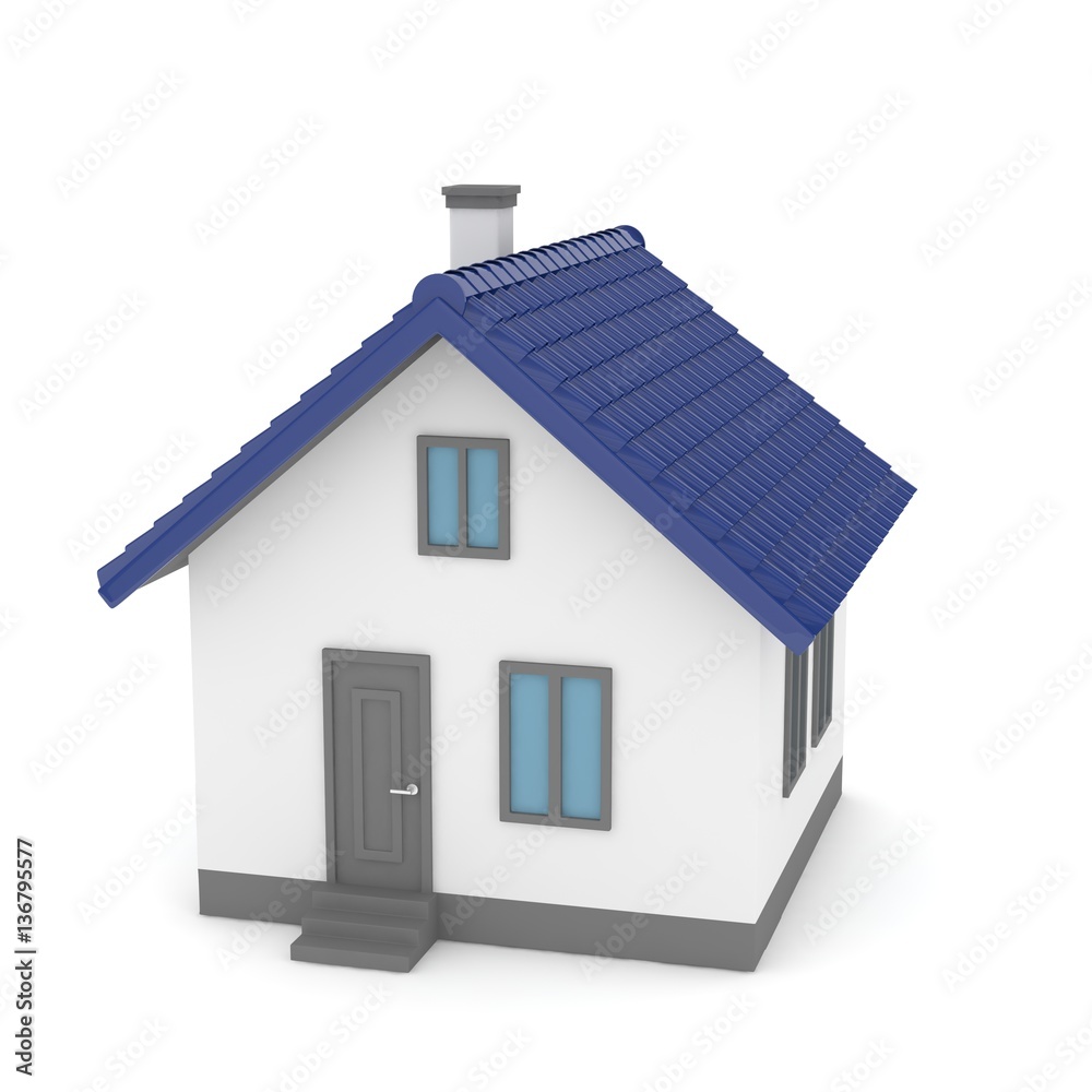 Isolated home with blue roof on white. 3D rendering.