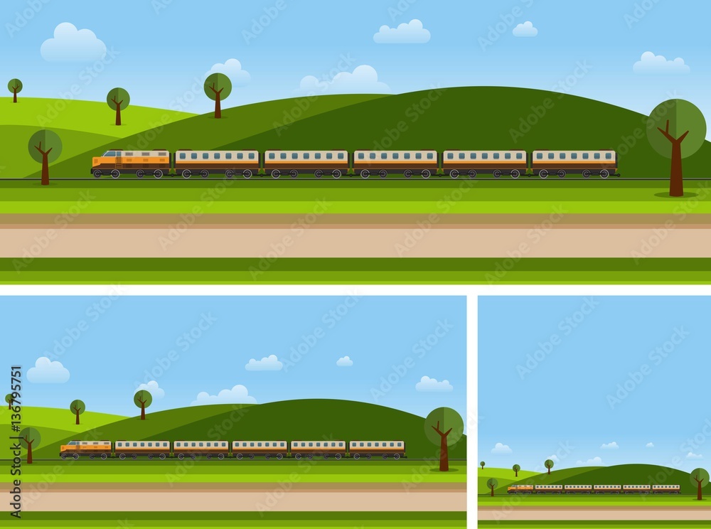 Green Landscape Mountain Hill With Blue Sky When Long Train Passing