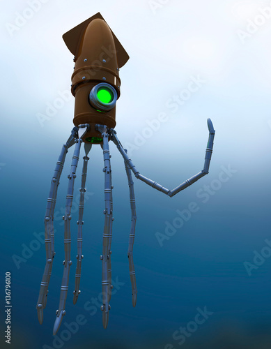 Steampunk Mechanical Squid Under Water (3D Rendering) photo