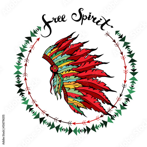 Emblem with Indian war bonnet and tribal border