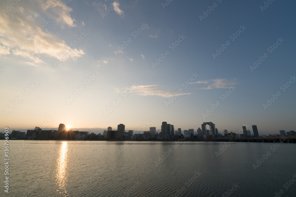 Yodo river and Umeda morning view,Osaka,Japan