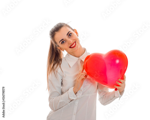 cutie young woman with red lips celebrating valentines day with hearts isolated on white background