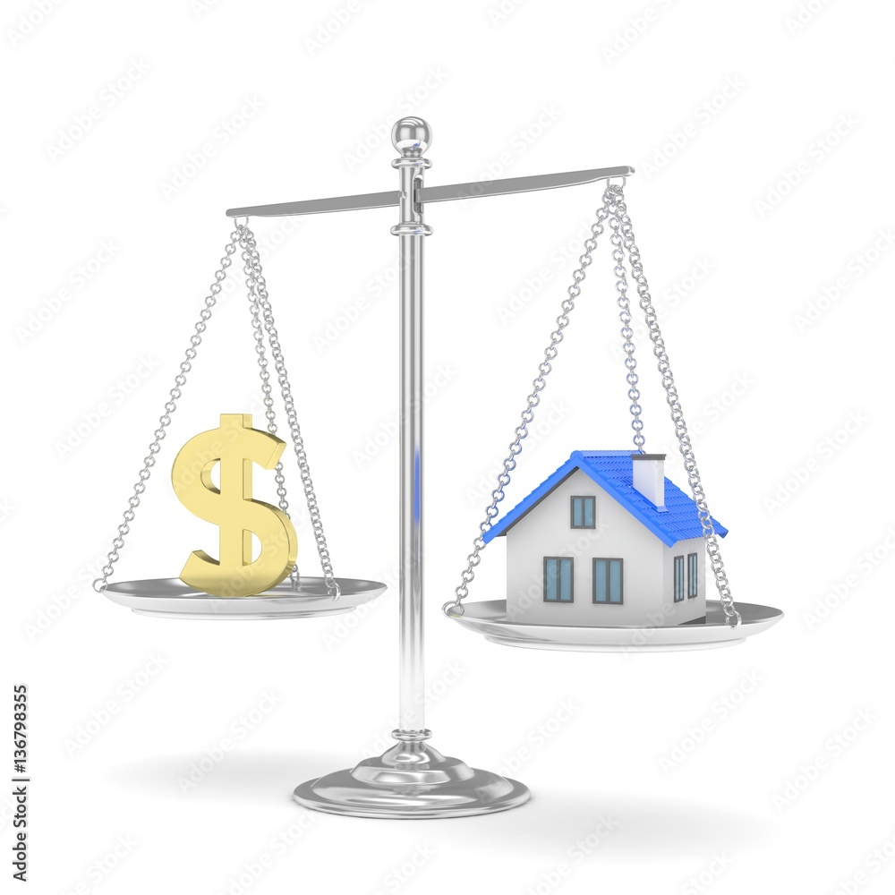 Isolated silver scales with golden dollar and house on white background. Investment or savings concept. Real estate and currency. 3D rendering. Isolated silver scales with golden dollar and house on white background. Investment or savings concept. Real estate and currency. 3D rendering.