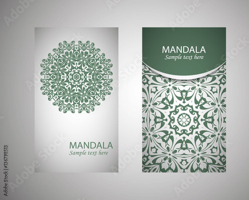 leaflet, flyer, cover, pattern, mandala. Oriental motif. Hand painted texture background. Wedding invitations, postcards and business cards templates. Decorative design card printing. Vector. EPS 10