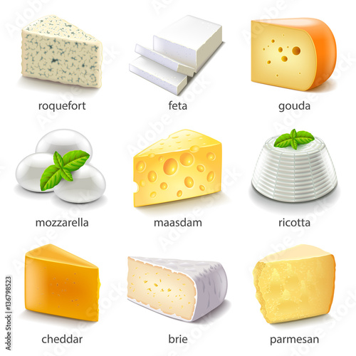 Fotografie, Obraz Cheese types icons vector set