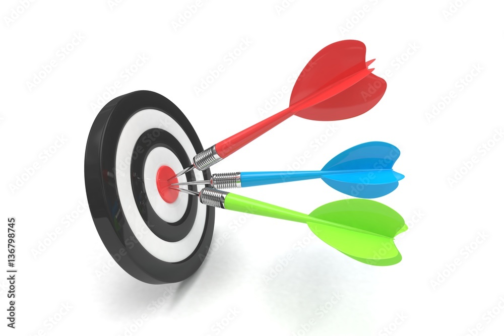 Three multicolor arrows darts in center. 3d rendering. Three multicolor arrows darts in center. 3d rendering.