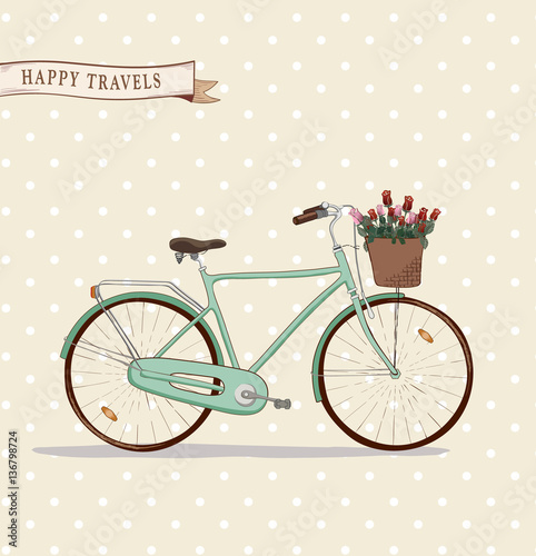 the hand drawn vector city bike icon with basket for flowers. the bouquet of roses.  the vector icon for illustration of funny journey and romantic trips. the cycling is a part of healthy life