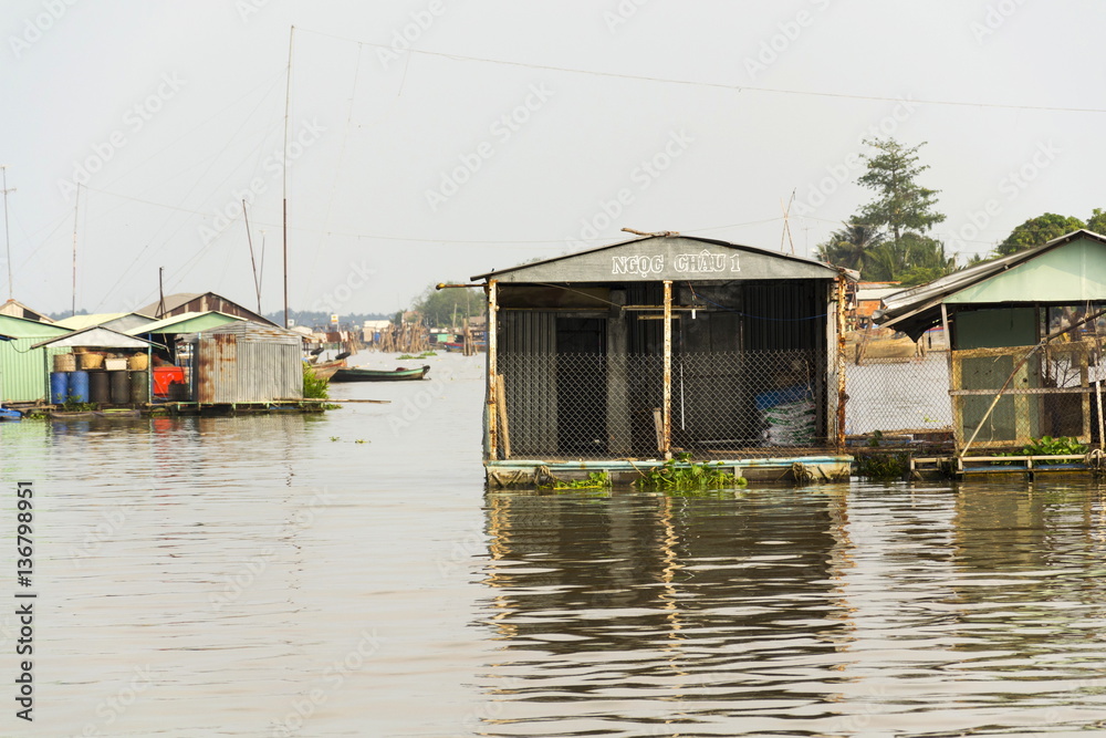 Fish farm houses floating on Mekong river, My Tho, Vietnam