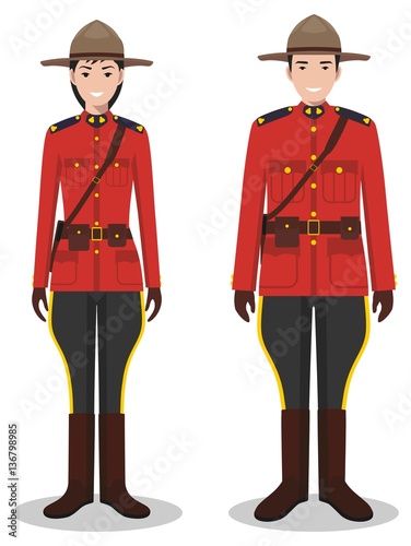Couple of canadian policeman and policewoman in traditional red uniforms standing together on white background in flat style. Police concept. Flat design people characters. Vector illustration.