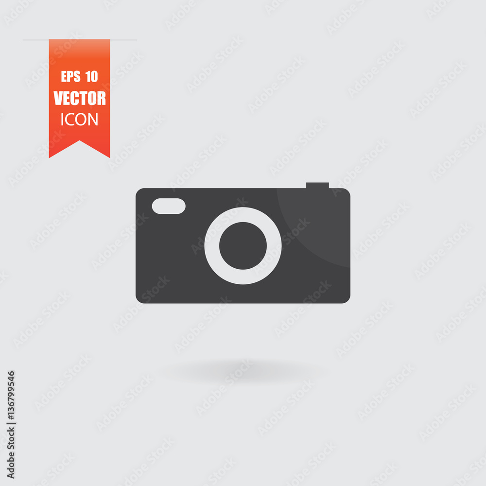 Camera icon in flat style isolated on grey background.