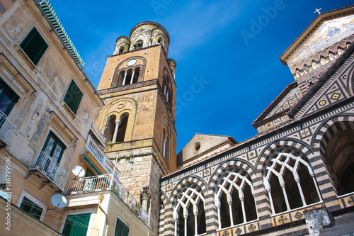 Amalfi old center square, St. Andrea Cathedral on background photo