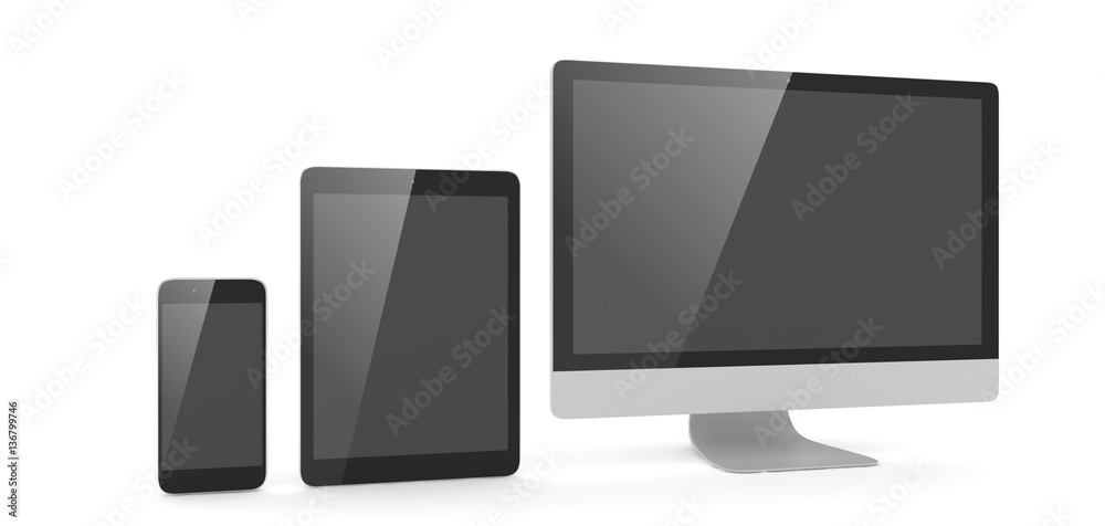 Responsive web design, laptop, smartphone, tablet, computer, display. 3d rendering. Responsive web design, laptop, smartphone, tablet, computer, display. 3d rendering.